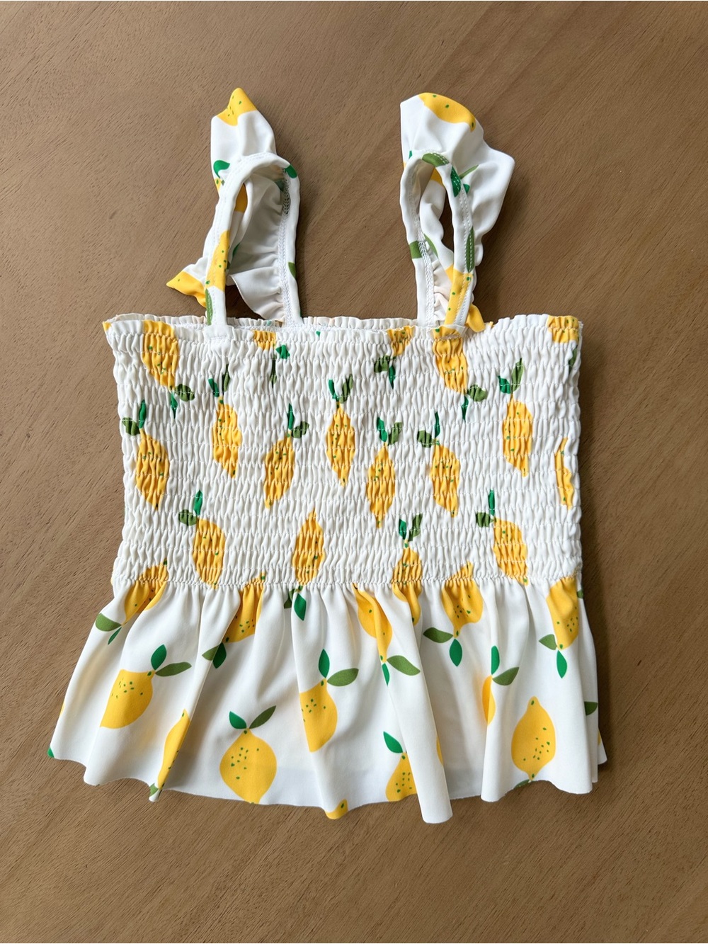 Hanna Andersson Girls Lemon Print Smocked Ruffle Swim Top, Size 4 / 100 cm, Whit